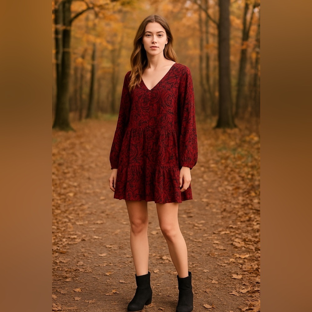 Harlow & Rose Red Paisley Tiered Mini Dress M Boho Hippie Peasant Fairy Vampy